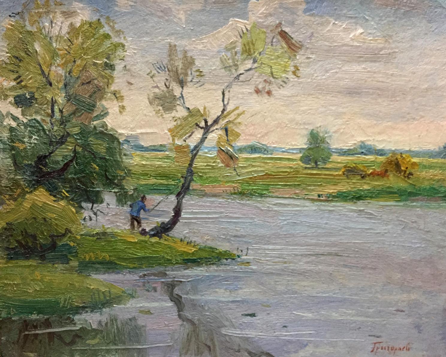 Serene oil painting by Grigoryev Sergey Alekseevich: lone blue fisherman by water