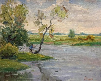 Serene oil painting by Grigoryev Sergey Alekseevich: lone blue fisherman by water