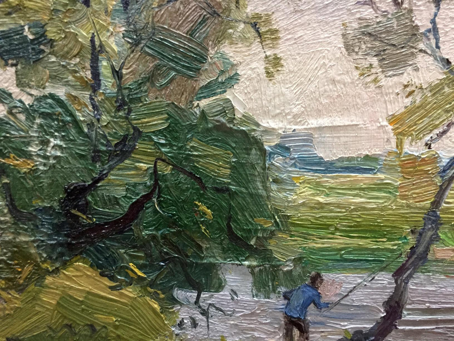 Oil painting by Grigoryev Sergey Alekseevich: fisherman casting line amid lush foliage