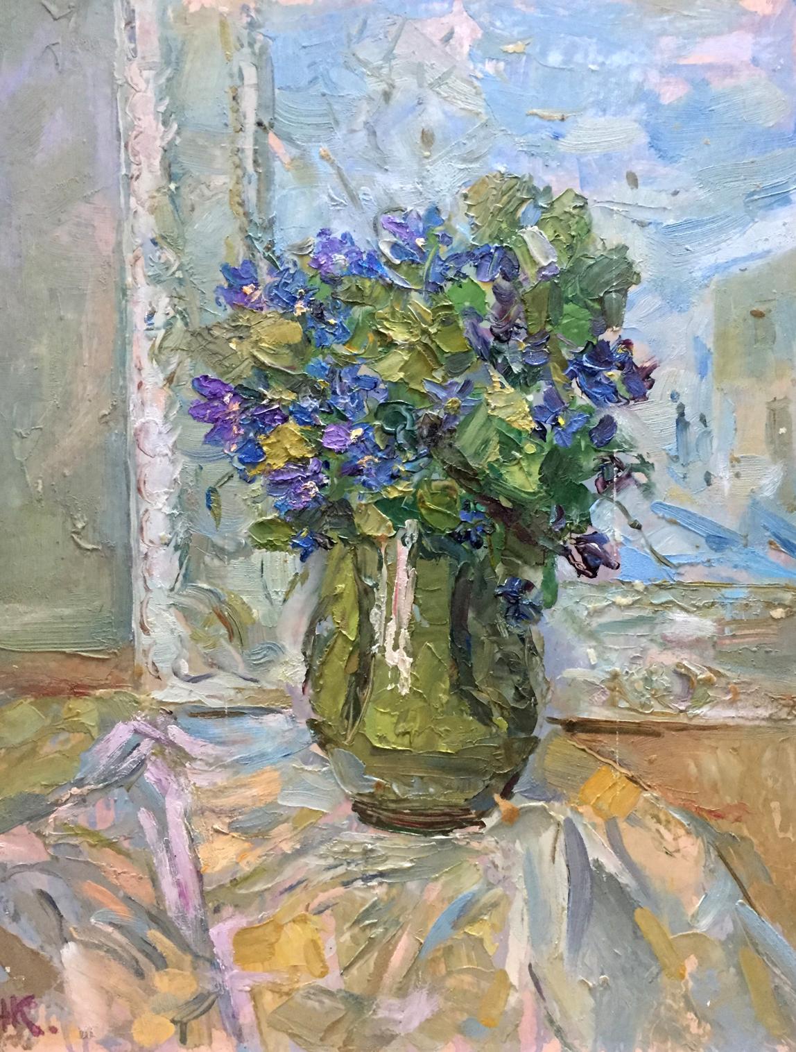 Oil painting of green glass vase with purple blue flowers by Kalashnik Nikolai Fedorovich