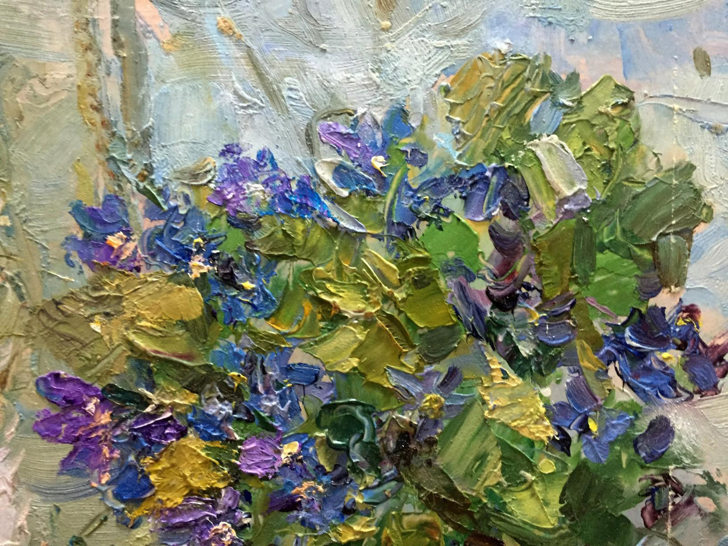 Vibrant impressionist oil painting of blue purple flowers by Kalashnik Nikolai Fedorovich