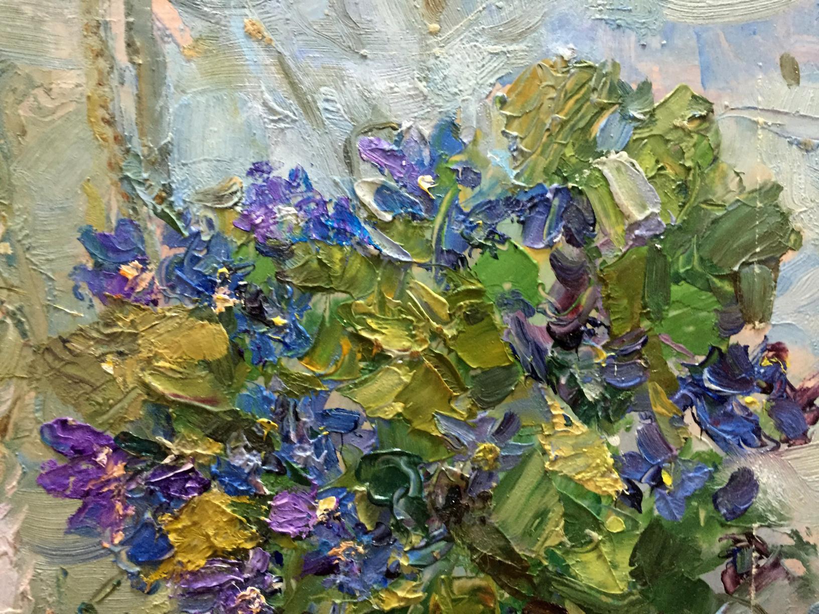 Vibrant impressionist oil painting of blue purple flowers by Kalashnik Nikolai Fedorovich