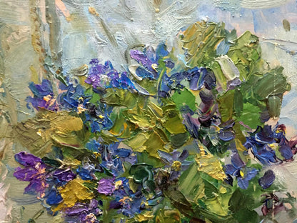Vibrant impressionist oil painting of blue purple flowers by Kalashnik Nikolai Fedorovich