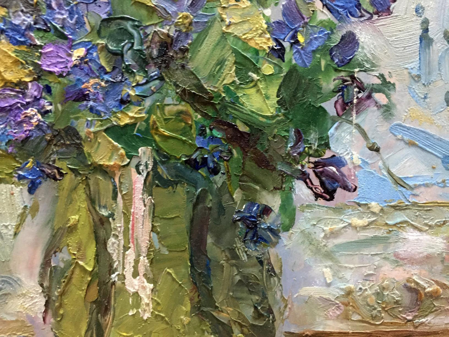 Vibrant impressionist oil painting of purple blue flowers by window by Kalashnik Nikolai Fedorovich