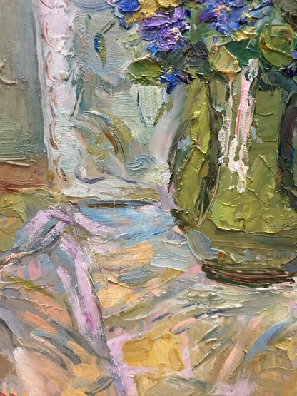 Oil painting of textured green vase with purple blue flowers by window by Kalashnik Nikolai Fedorovich