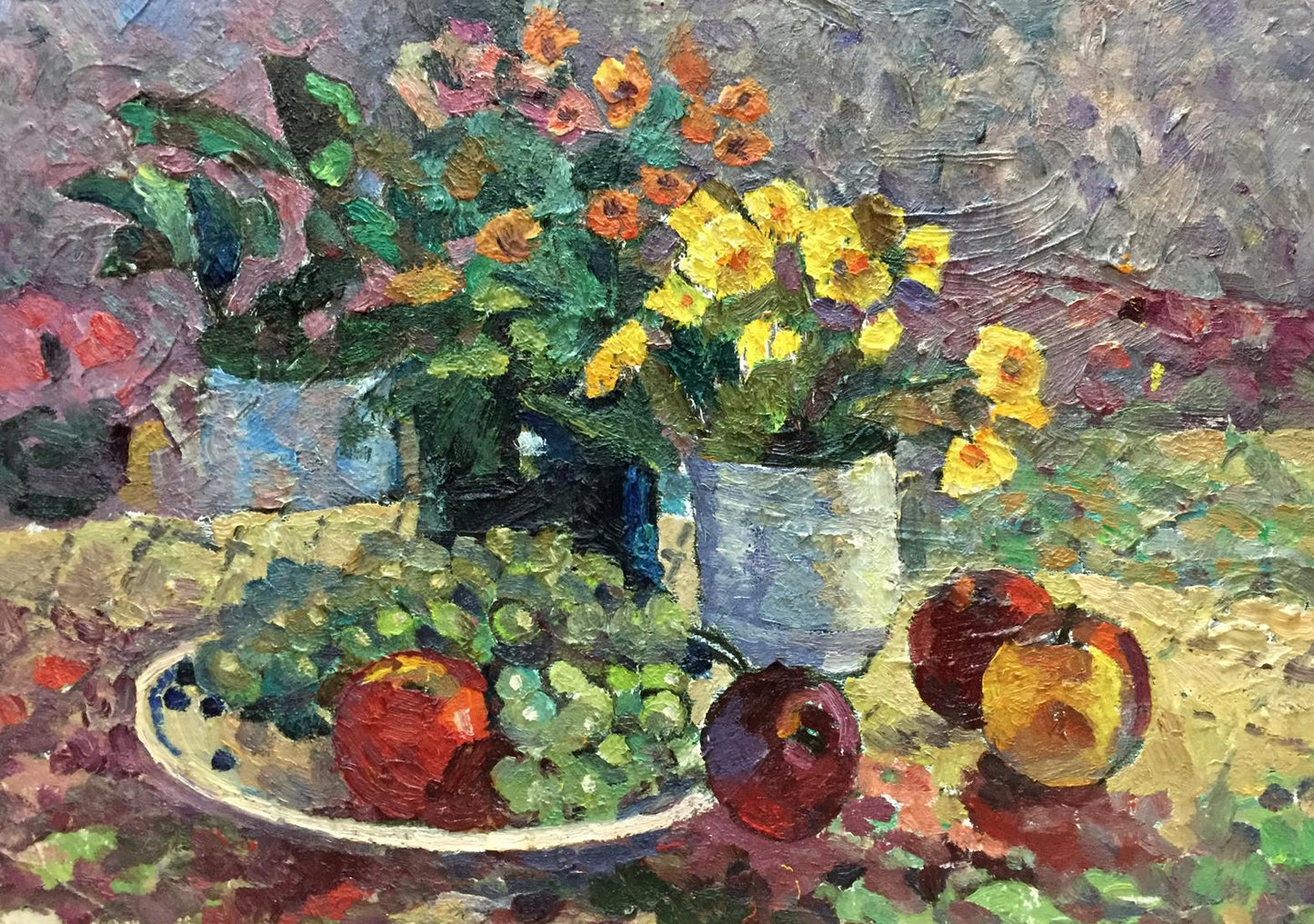 Vibrant impressionist oil painting by Bezugly Danilo Ivanovich with flowers in blue vases