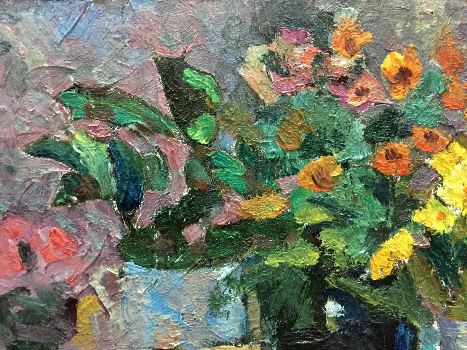 Vibrant oil painting by Bezugly Danilo Ivanovich of colorful flowers in vase
