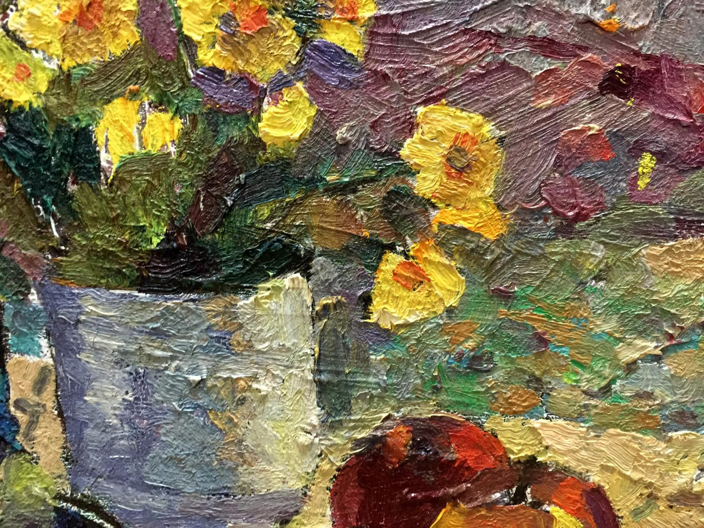 Oil painting of vibrant bouquet in gray vase by Bezugly Danilo Ivanovich