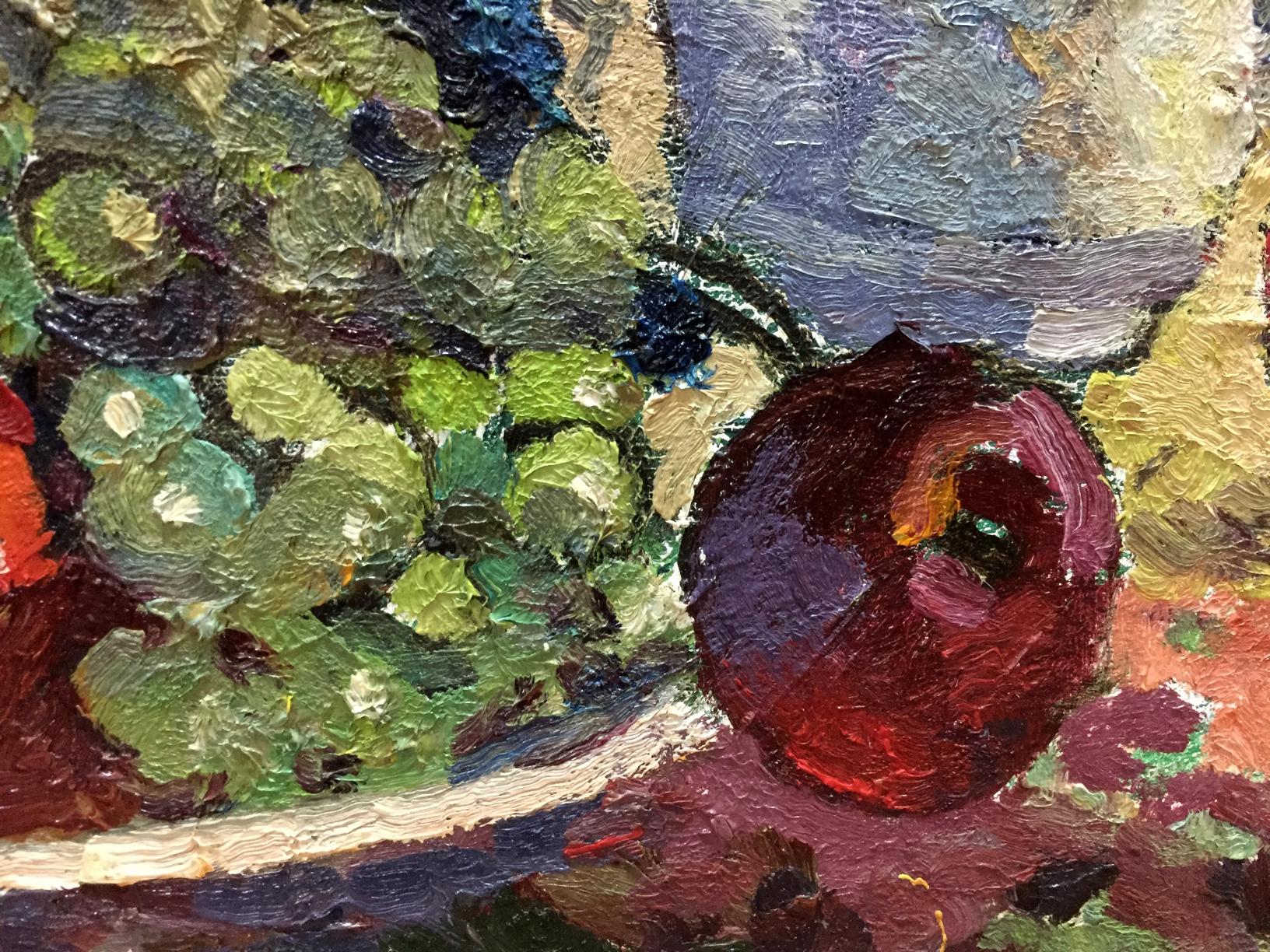Oil painting of green grapes and red apple by Bezugly Danilo Ivanovich