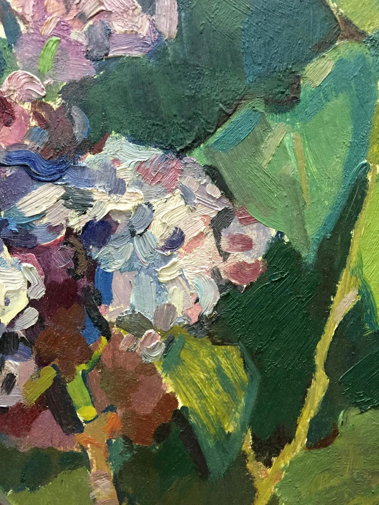 Oil painting Lilac Gorinov Spartak Petrovich: pink white hydrangeas green leaves
