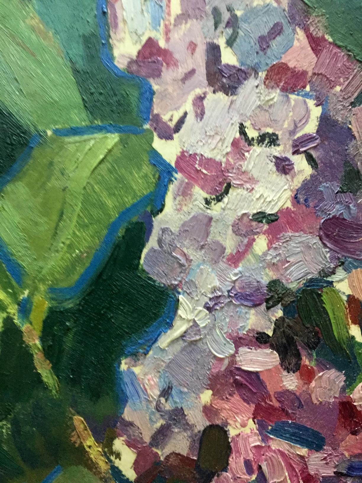 Oil painting Lilac Gorinov by Spartak Petrovich with green leaves and blossoms