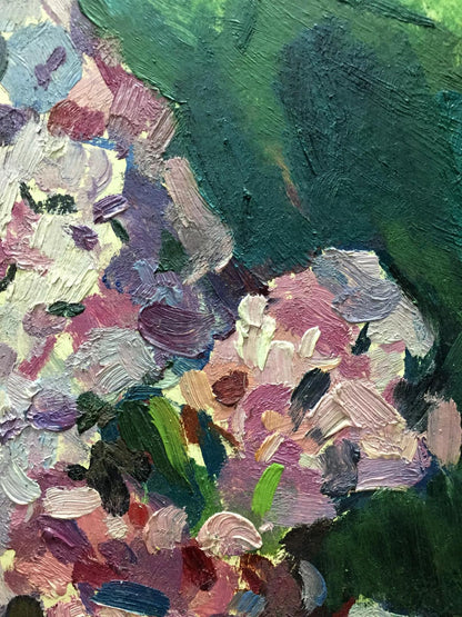Oil painting Lilac Gorinov Spartak Petrovich vibrant pink purple green white on emerald