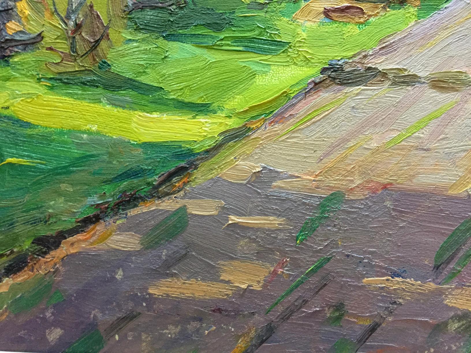 Vibrant green and brown oil painting by Pidgayko L. S. household yard scene