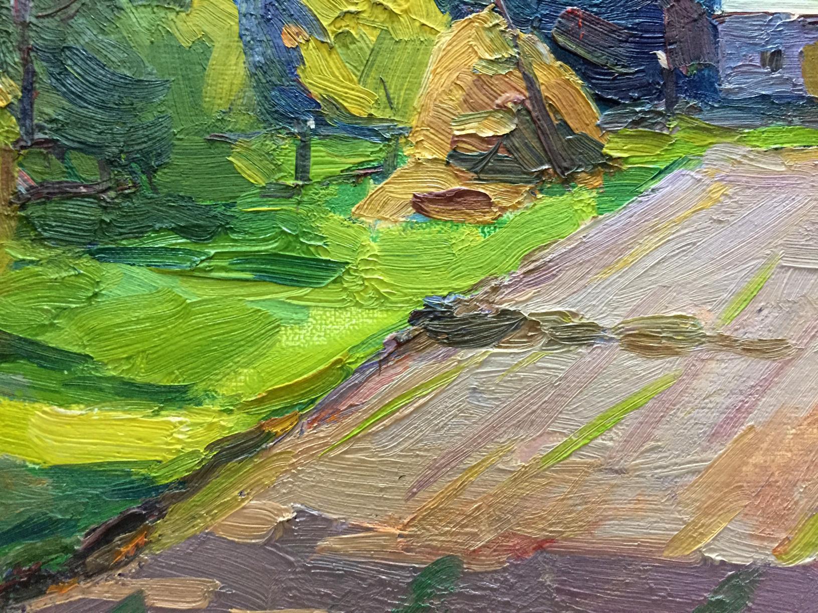Vibrant green yellow oil painting by Pidgayko L.S. of rural household yard