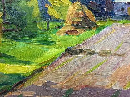 Vibrant green yellow oil painting by Pidgayko L.S. of rural household yard