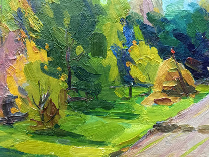 Vibrant Pidgayko L.S. impressionist oil painting of household yard in green, yellow, blue