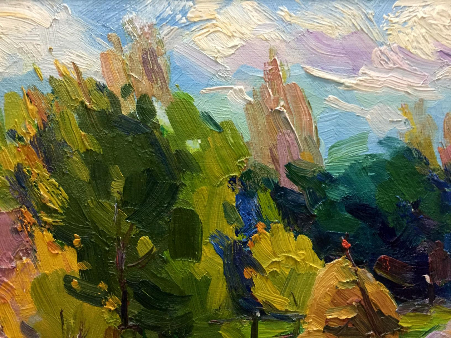 Vibrant Pidgayko L.S. oil painting of lush green foliage, pinkish-brown rocks, cloudy sky