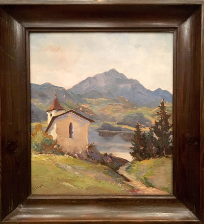 Oil painting of rustic stone church by serene lake in hills