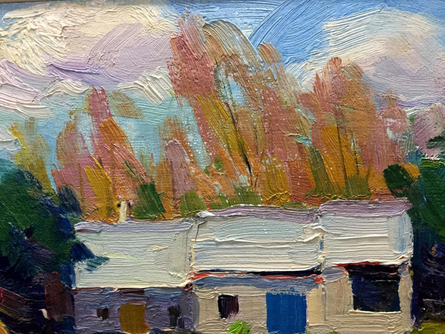 Oil painting by Pidgayko L.S.: textured impressionist house with autumn trees