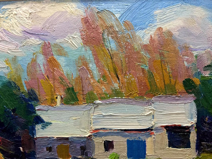 Oil painting by Pidgayko L.S.: textured impressionist house with autumn trees