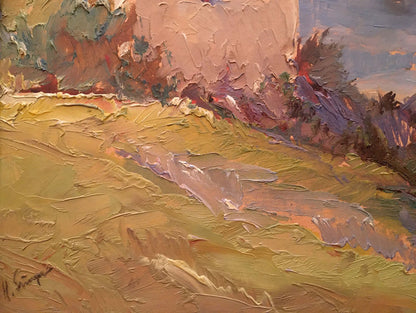 Textured oil painting of sunlit church by river in warm impasto tones
