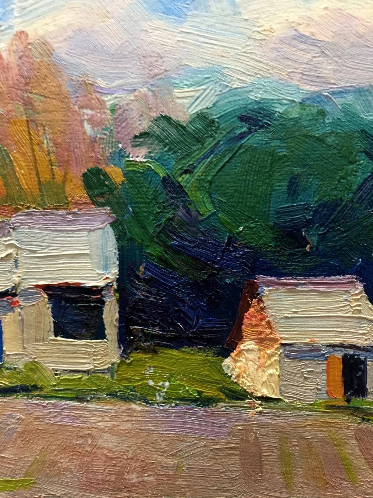 Oil painting by Pidgayko L.S.: rustic houses in green yard under soft sky