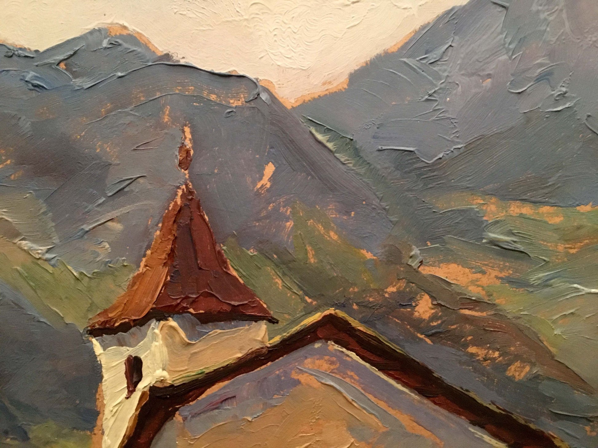 Oil painting of church by river with steeple, mountains, peach sky