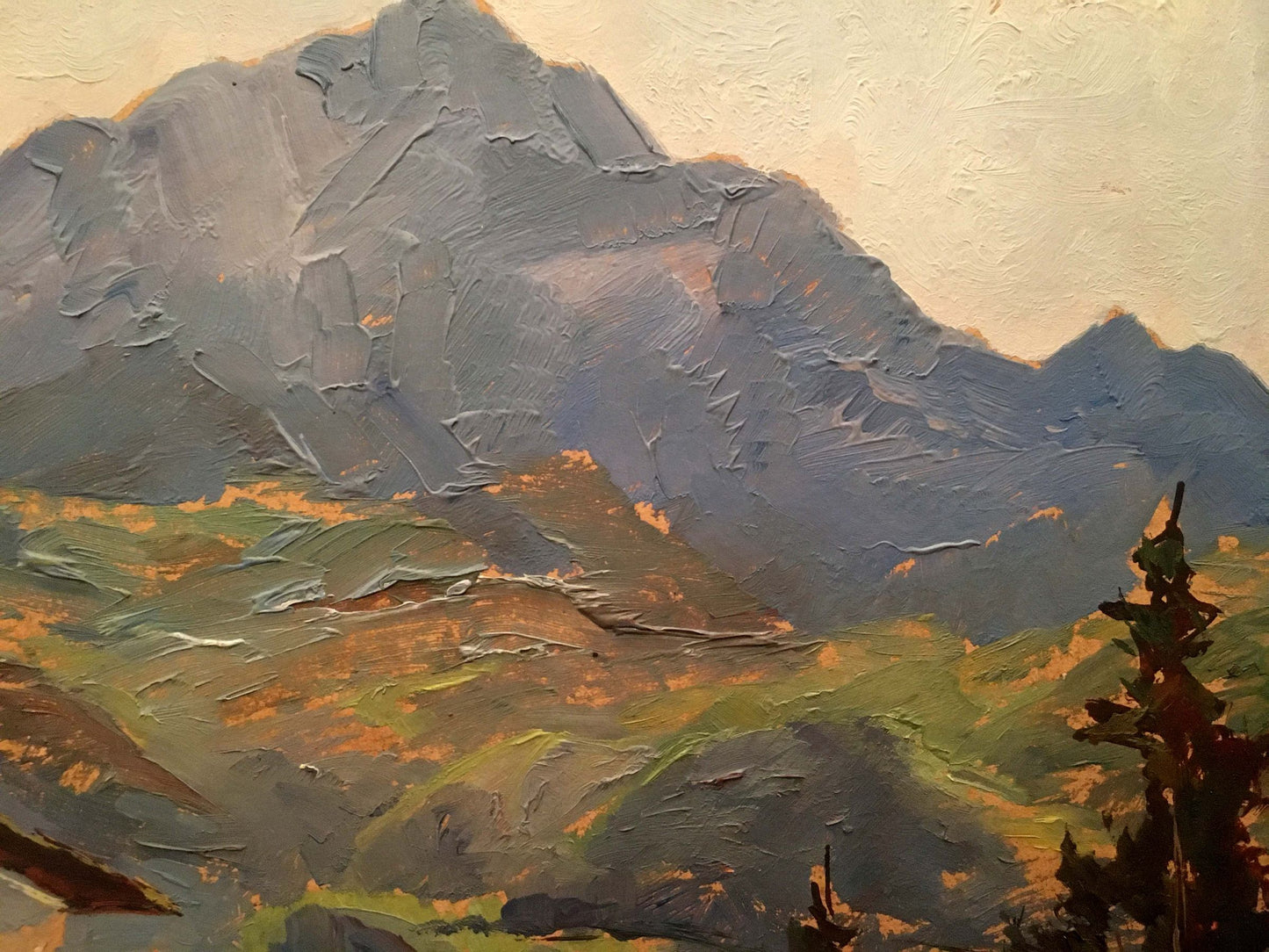 Textured oil painting of church by river amid gray-blue peaks and green-orange hills