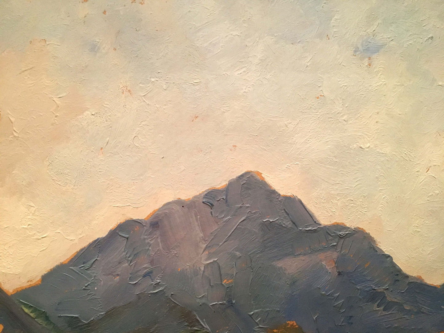 Textured dark gray mountain peak with brushstrokes in Oil painting Church by the river