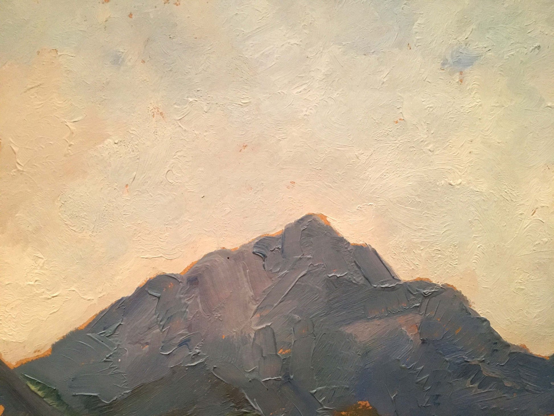 Textured dark gray mountain peak with brushstrokes in Oil painting Church by the river
