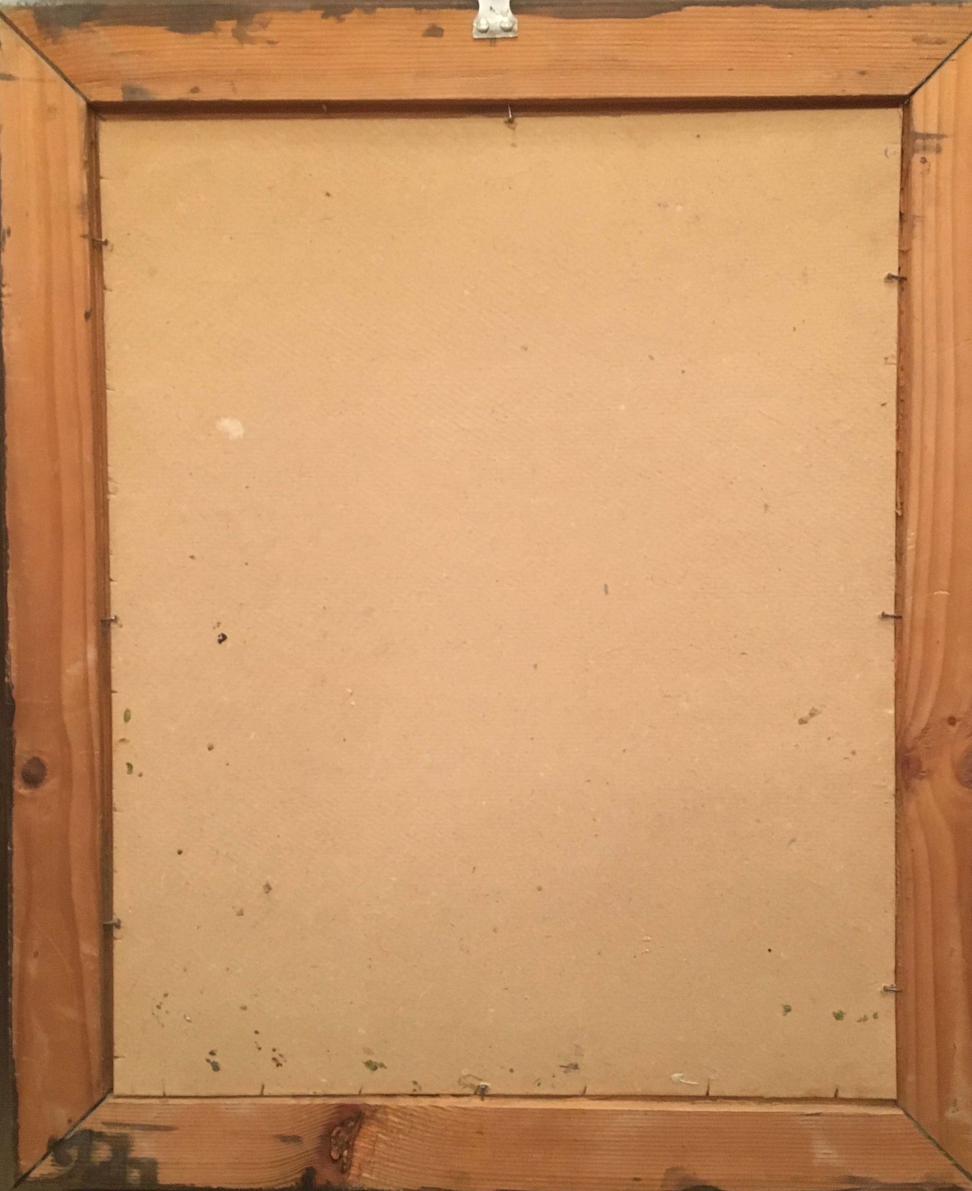 Back of rustic wooden frame for Oil painting Church by the river