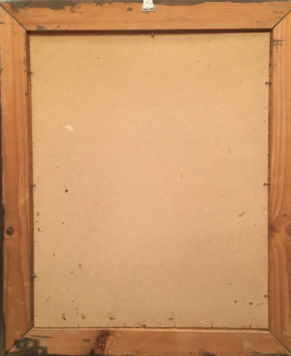 Back of rustic wooden frame for Oil painting Church by the river