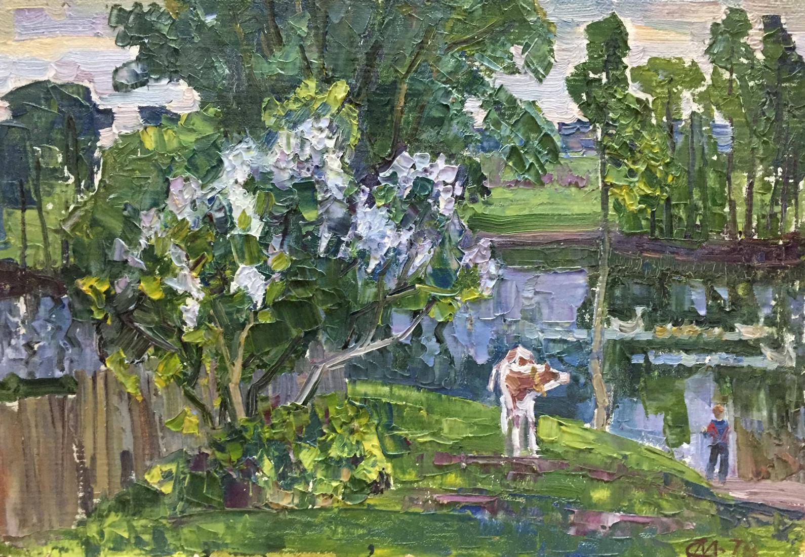 Vibrant impressionistic oil painting Watercourse with lush trees and white blooms