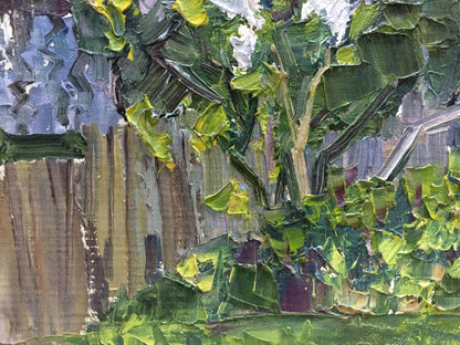 Textured impressionist tree painting with green yellow leaves blue sky Oil painting Watercourse
