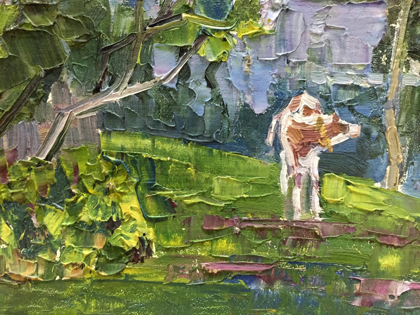 Oil painting Watercourse impressionist figure on green terrain