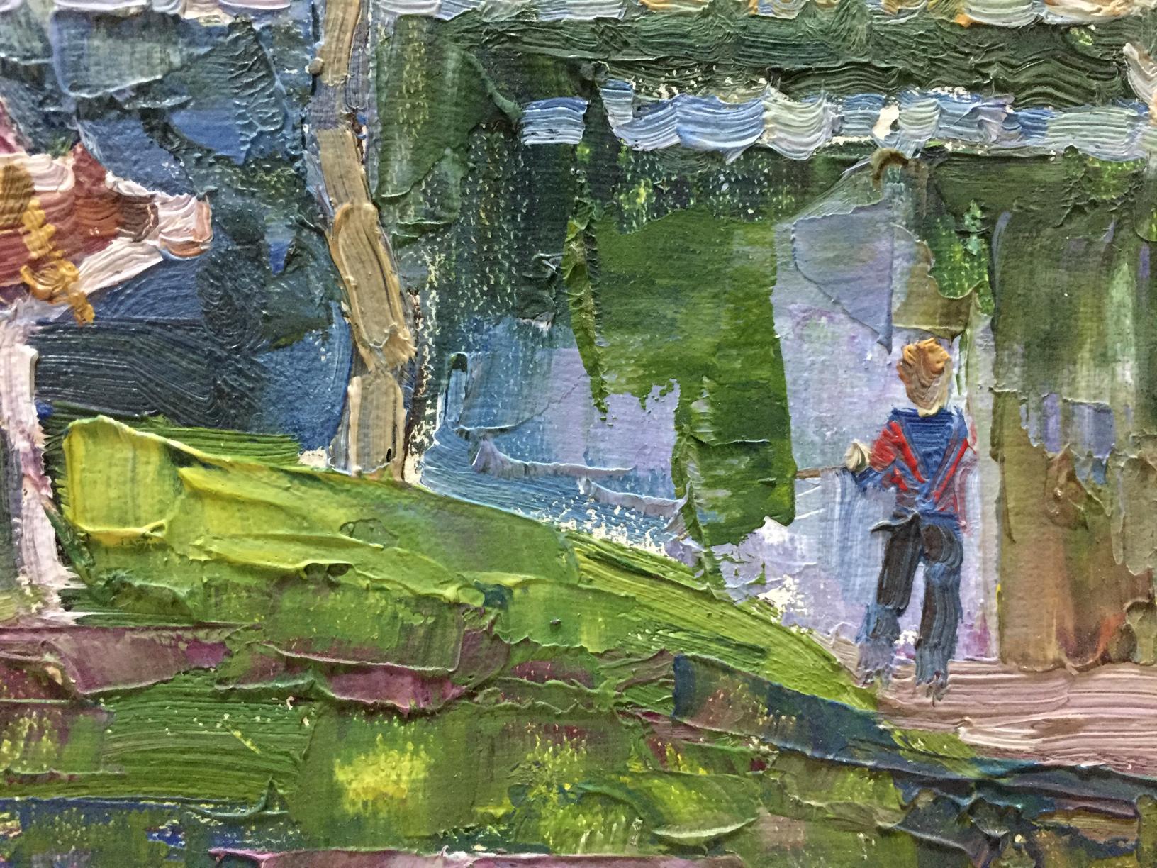 Oil painting Watercourse: child in striped shirt under colorful archway on grass