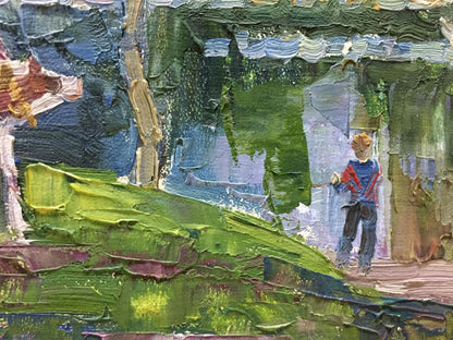 Oil painting Watercourse: child in striped shirt under colorful archway on grass