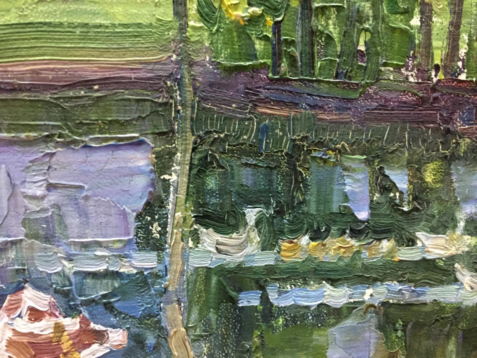 Oil painting Watercourse with vibrant green purple blue impasto brushstrokes
