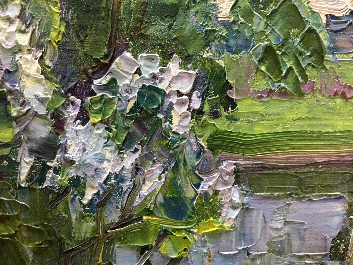 Textured impressionistic oil painting of white hydrangeas in Watercourse