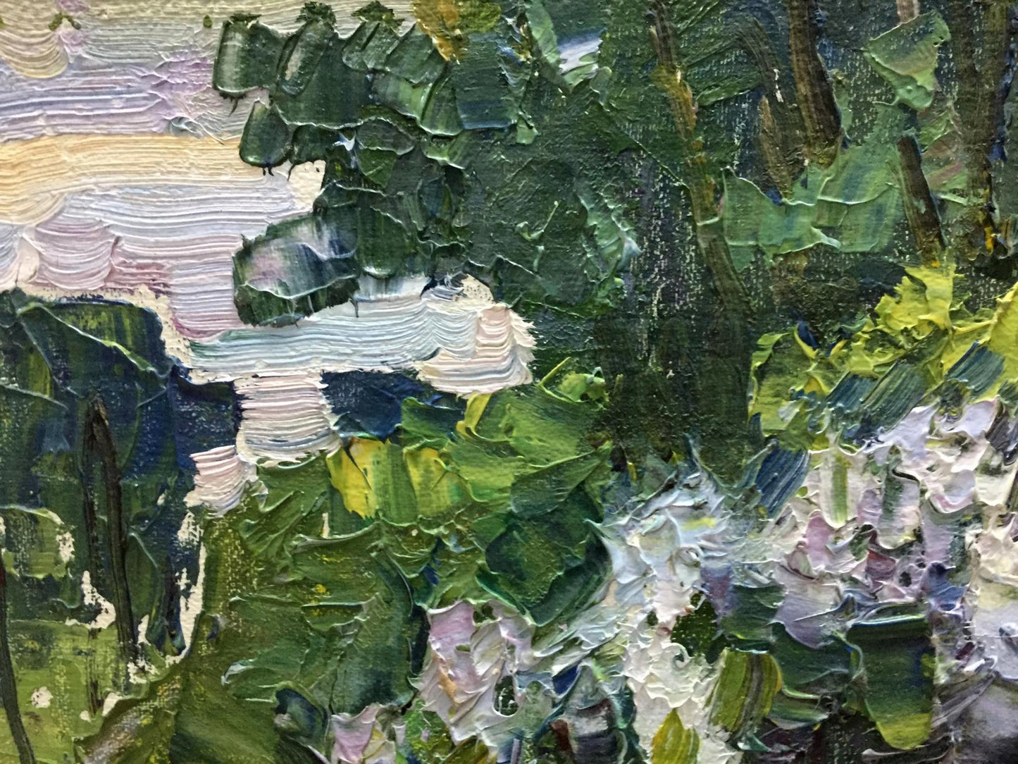 Textured impasto oil painting Watercourse with deep greens, yellows, whites
