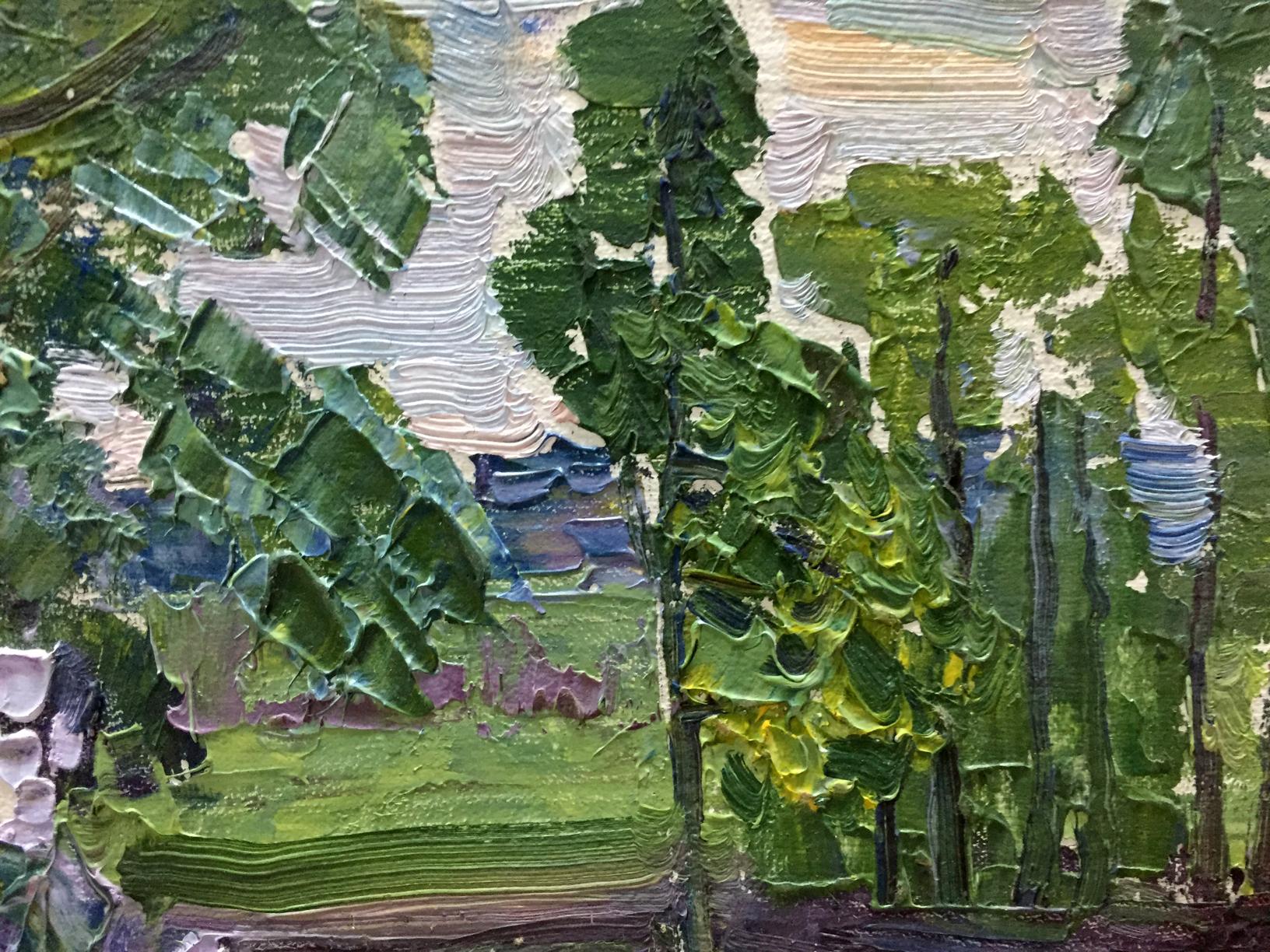 Textured oil painting Watercourse with lush green trees and blue sky