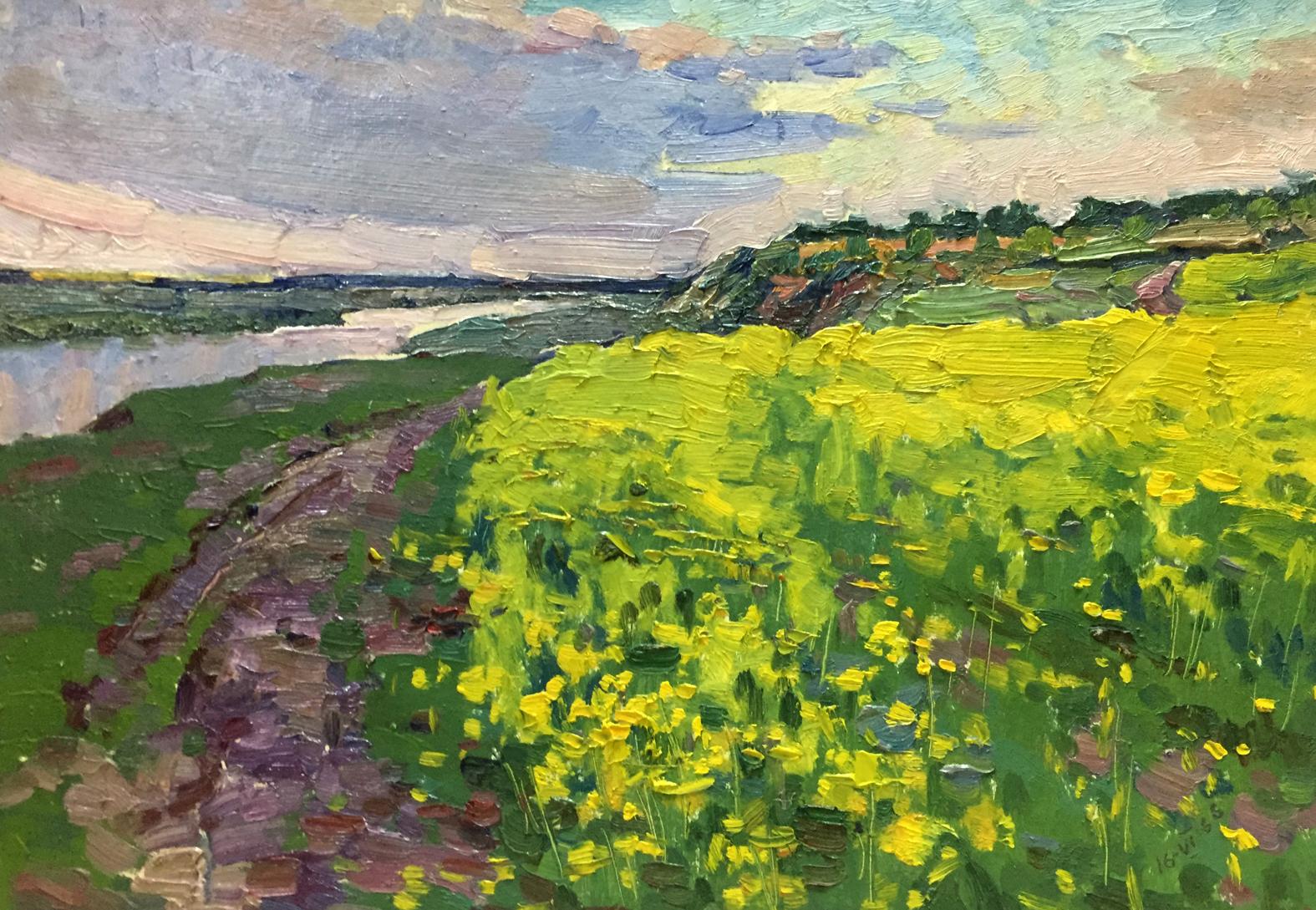 Oil painting by Mordovets Andrey Nikitich: vibrant yellow rapeseed field to river under cloudy sky