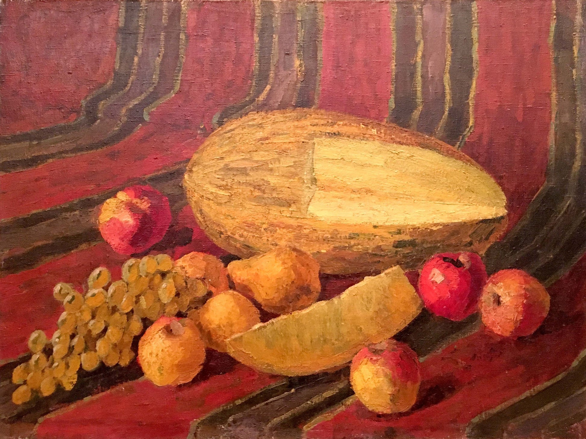 Oil painting still life with sliced cantaloupe, grapes, apples on red cloth