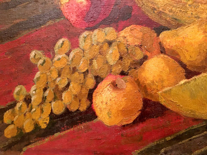 Oil painting Still life with melon: golden-yellow grapes on red canvas