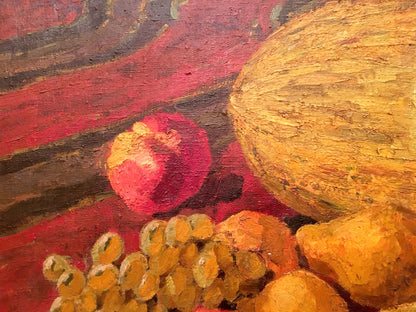 Oil painting still life with textured golden-yellow ridged melon