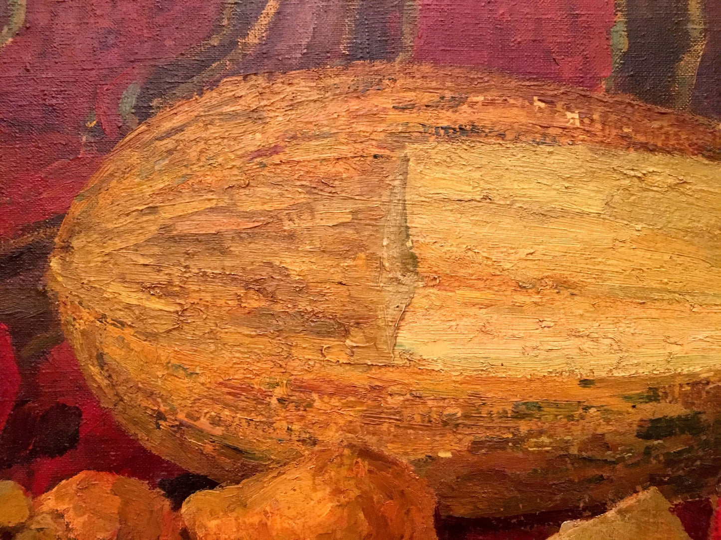 Oil painting Still life with melon: textured elongated orange squash