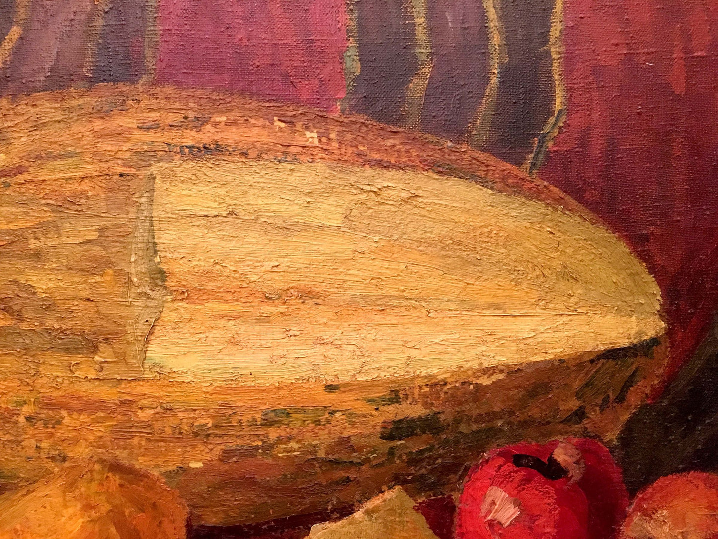 Oil painting still life with melon: textured golden-brown painted pumpkin