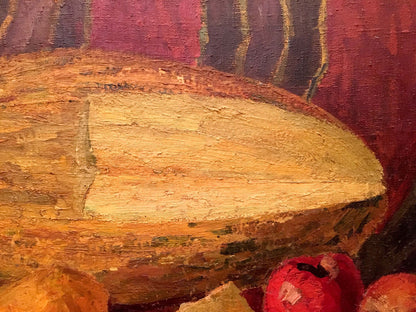 Oil painting still life with melon: textured golden-brown painted pumpkin