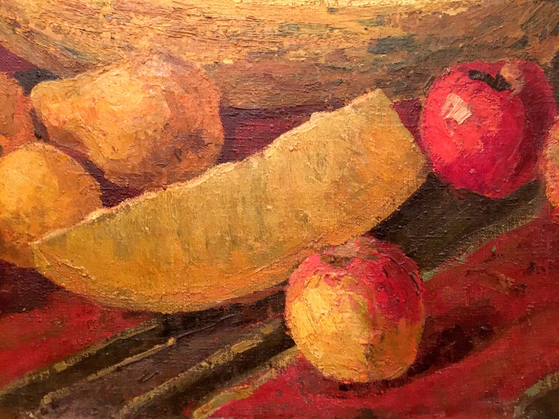 Oil painting still life with sliced cantaloupe and red apples