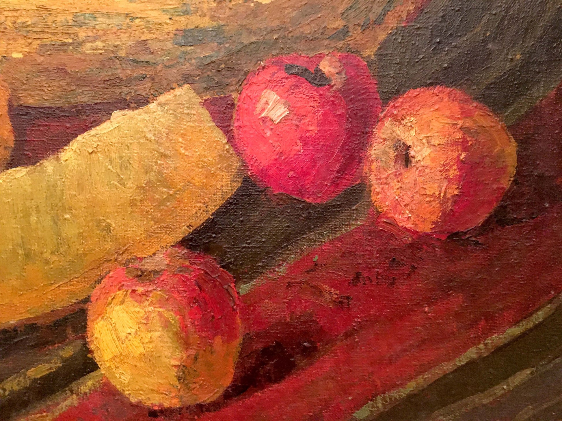 Oil painting still life with melon, three red oranges apples on wood